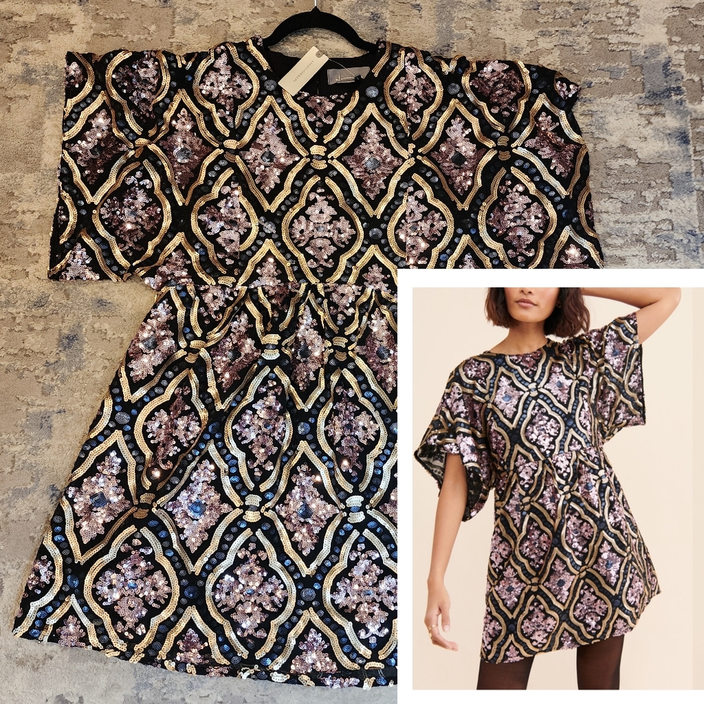 NWT Anthropologie Amalia Sequined Tunic Dress Babydoll Pockets Small Black Mauve